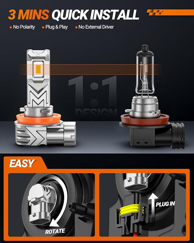 SEALIGHT H16 H11 H8 LED Fog Light Bulb Yellow, 17000 Lumens 800% Brighter, Enhanced Visibility in Fog Rain and Snow, Amber Yellow H11 LED Fog Lights, 1:1 Mini Size Plug and Play, Pack of 2