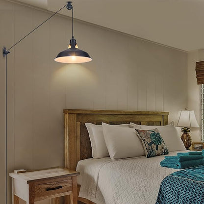 Lomoky Plug in Pulley Pendant Light with 14.76ft Cord On/Off Switch, Industrial Barn Black Hanging Lights with Plug in Cord, Pulley Wall Pendant Lamp for Kitchen Island, Pool Table, Bedroom, 1 Pack