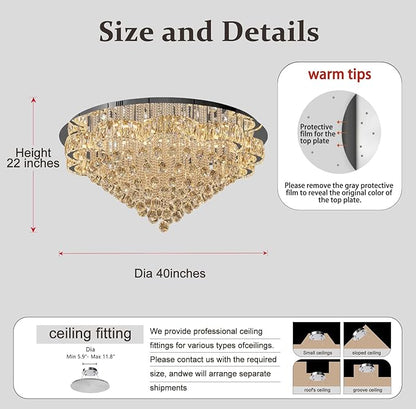 Flashing God W40inches Modern Chandeliers for Living Room LED Crystal Chandelier Light Fixtures Flush Mount Chandeliers Ceiling Chandelier for Bedroom Foyer Hallway Dining Room