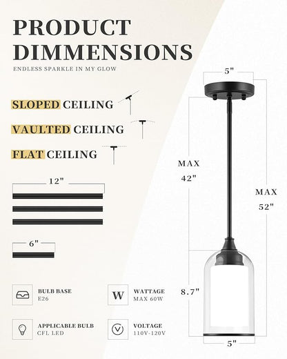 LIROUVET Black Pendant Light Fixtures - Dual Glass Hanging Light, 1-Light Pendant Lights with Clear and Milk Glass, Industrial Pendant Lighting for Kitchen, Dining Room, PL02BK-N