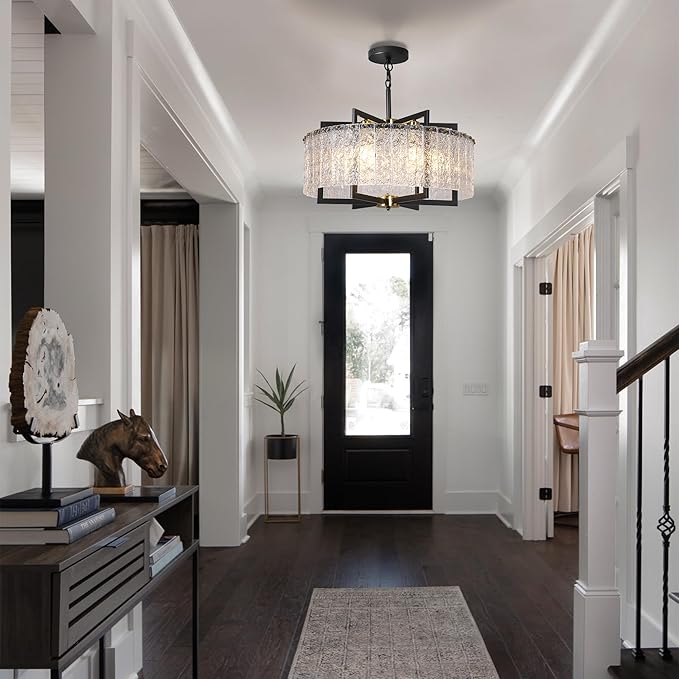 Modern Black Crystal Chandeliers for Dining Room, Elegant Chandelier Light Fixture for Kitchen Island, Water Ripple Glass, Drum Hanging Lights for Bar Table Entryway Foyer Hallway-24”