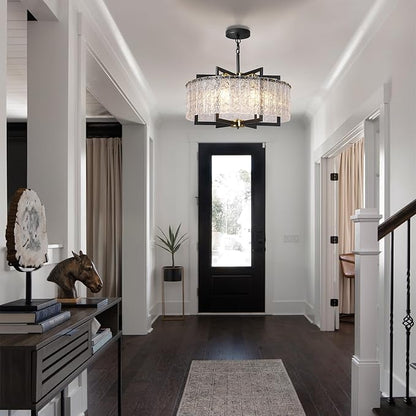 Modern Black Crystal Chandeliers for Dining Room, Elegant Chandelier Light Fixture for Kitchen Island, Water Ripple Glass, Drum Hanging Lights for Bar Table Entryway Foyer Hallway-24”