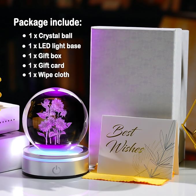 Arikyrist Crystal 3D Sunflower Bouquet 3.15in Ball Figurine Gifts for Women, Glass Floral Art Sphere for Room with LED Light Base Keepsake for Flower Lovers Home Decor Paperweight
