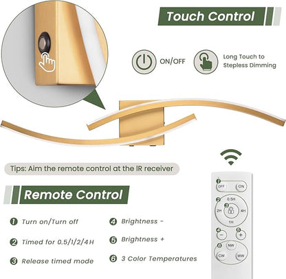 Battery Operated Wall Sconce Set of 2,Gold Wall Sconces with Remote Control,3000K-6000K Modern LED Wireless Wall Light for Living Room, Hallway, Bedroom, 39.3 Inch (2 Pack)