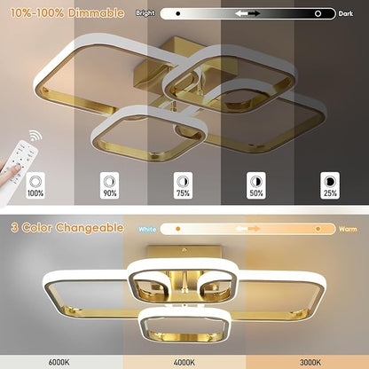 Dimmable Modern Ceiling Lights, 4-Square Flush Mount Ceiling Lighting with Remote Control, 3000K-6000K Gold LED Ceiling Light Fixtures for Bedroom, Dining Room,Kitchen