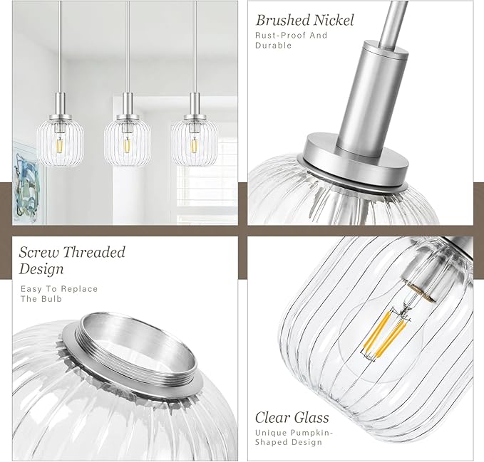 Brushed Nickel Pendant Lights Kitchen Island, 1-Light 5.9" Modern Glass Pendant Light with Clear Glass and Rods, Mini Hanging Lighting for Kitchen Sink Bathroom Bedroom, OS-YQ7749-1PBN