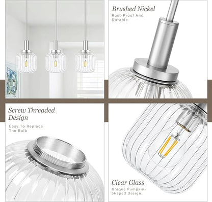 Brushed Nickel Pendant Lights Kitchen Island, 1-Light 5.9" Modern Glass Pendant Light with Clear Glass and Rods, Mini Hanging Lighting for Kitchen Sink Bathroom Bedroom, OS-YQ7749-1PBN