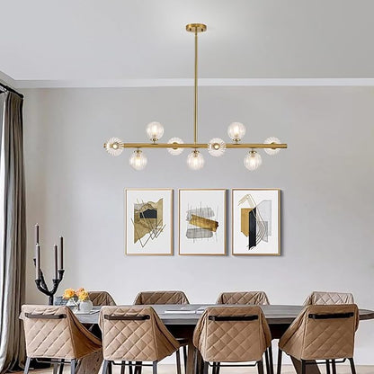 Mid Century Modern Glass Globe Sputnik Chandelier, 9-Light Linear Chandeliers for Dining Room, Kitchen Island, Living, Dining Light Fixture Over Table, Brass Gold and Clear Bubble, 40 Inch