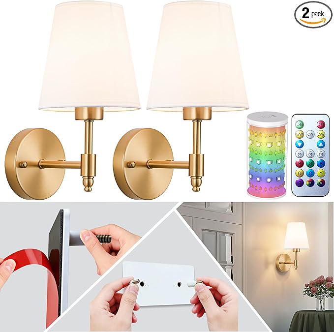Peel and Stick Wall Sconces, Stick On Wall Sconce Set of 2, Battery Operated Wireless Adhesive Wall Lights, Corn Bulb with 10000mAh Battery, Easy Install for Bedroom Living Room Wall Decor