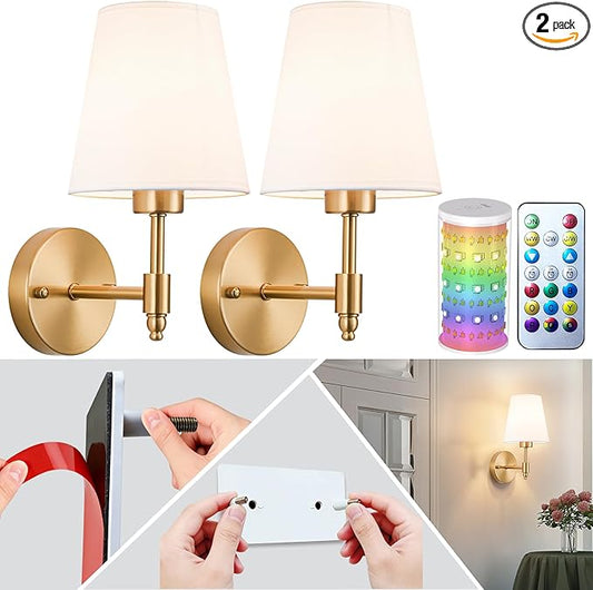 Peel and Stick Wall Sconces, Stick On Wall Sconce Set of 2, Battery Operated Wireless Adhesive Wall Lights, Corn Bulb with 10000mAh Battery, Easy Install for Bedroom Living Room Wall Decor