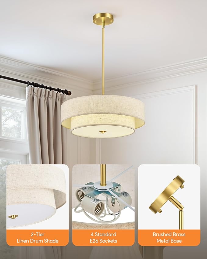 VONLUCE Modern Chandeliers, 18" Drum Chandeliers with 2-Layer Fabric Shade, 4-Light Pendant Light Fixture with E26 Bases, Light Fixture for Dining Room Bedroom Living Room, Linen Shade & Brass Finish