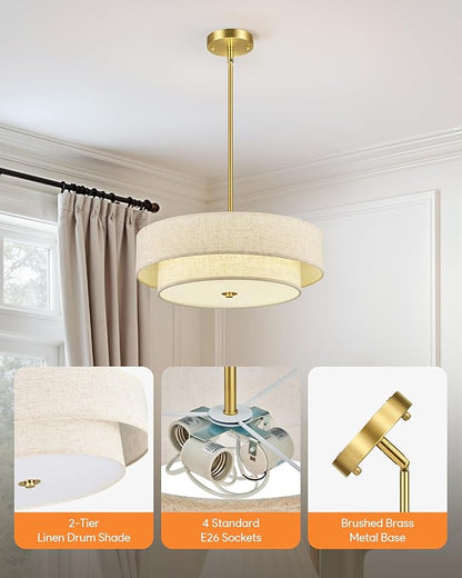 VONLUCE Modern Chandeliers, 18" Drum Chandeliers with 2-Layer Fabric Shade, 4-Light Pendant Light Fixture with E26 Bases, Light Fixture for Dining Room Bedroom Living Room, Linen Shade & Brass Finish