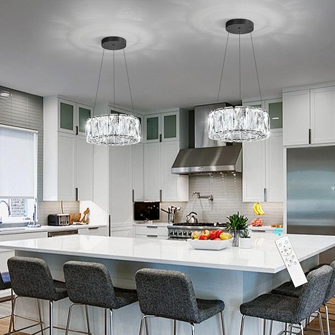 HAIXIANG Modern Crystal Chandelier Dimmable LED 8 Inch Ring Pendant Lights Adjustable Glam Chandeliers Lighting Fixtures for Dining Room Living Room Bedroom Black Light