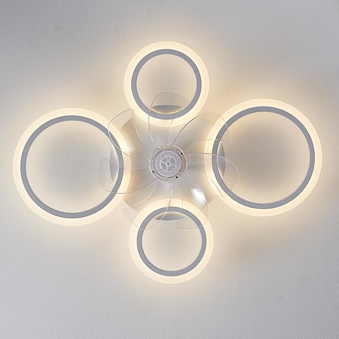 26" White Geometric Circular Ceiling Fan with Lights Remote Control, 3 Colors 6 Speeds Low Profile Ceiling Fan with Light for Kitchen Bedroom