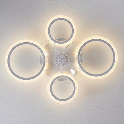 26" White Geometric Circular Ceiling Fan with Lights Remote Control, 3 Colors 6 Speeds Low Profile Ceiling Fan with Light for Kitchen Bedroom