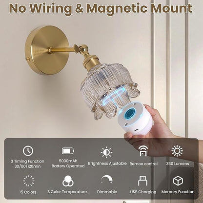 Vintage Battery Operated Wall Sconces - 5000mAh Rechargeable Dimmable Lights with Remote Control - Set of 2 Cognac Flower Glass Cordless Mounted Lighting - Wireless Powered Light Sconce for Bedroom