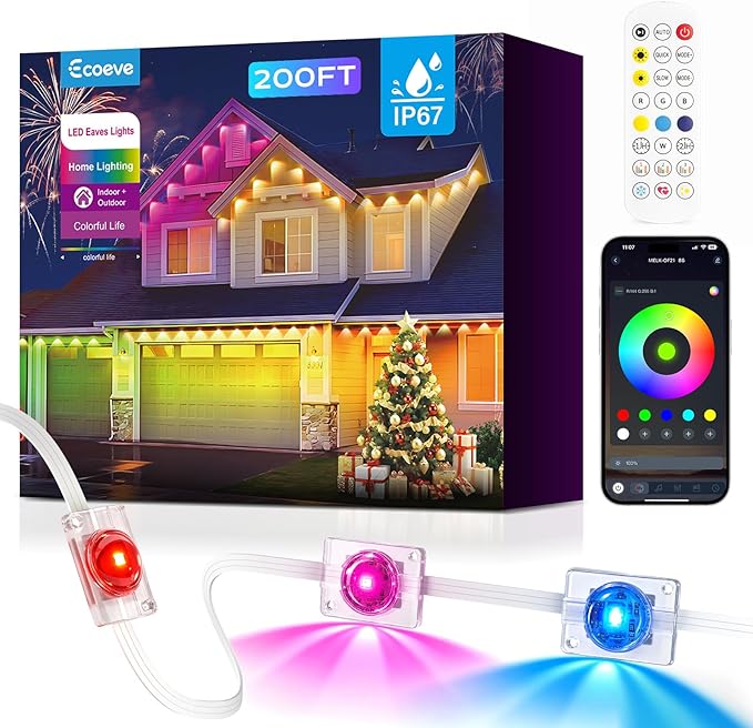 Permanent Outdoor Lights for House,200ft RGB+IC Lights with 16 Million Colors & 50 Scene Modes, App/Remote Control, IP67 Waterproof, DIY Music Sync, for Christmas, Holiday & Party Decor