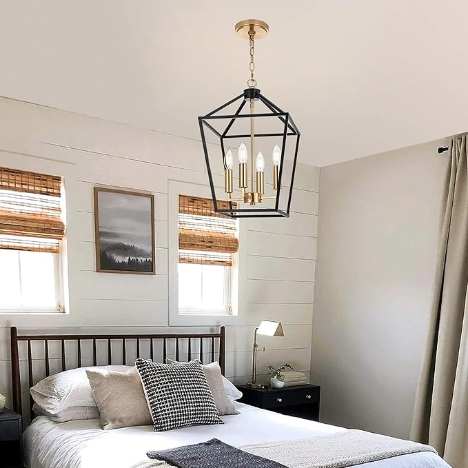 MELUCEE 4-Light Farmhouse Cage Pendant Light in Black Vintage Chandelier Lantern Hanging Light Fixtures Ceiling with Brass Candle-Shaped Socket for Kitchen Island, Dining Room, Foyer