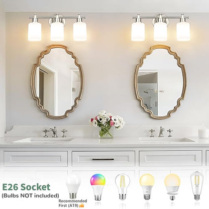 3-Light Bathroom Vanity Light Fixture, Brushed Nickel Compact Vanity Light with White Frosted Glass Shades for Mirror, Bathroom, Living Room, Modern Style, E26 Base, 16 Inch