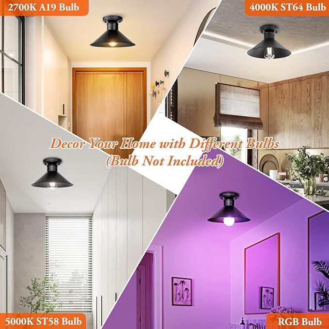 Brightever 2-Pack Industrial Semi Flush Mount Ceiling Lights, Matte Black Farmhouse Light Fixtures, Close to Ceiling Lights for Kitchen, Laundry Room, Entryway, Hallway E26 Base, Bulb not Included