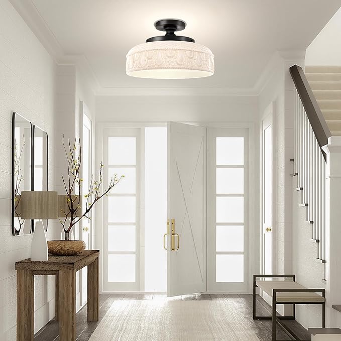 Lamomo Semi Flush Mount Ceiling Light,12 Inch White Glass Shade Black Hallway Light Fixture,3 Light Globe Glass Close to Ceiling Scone,Indoor Hanging Light for Bedroom Kitchen Porch Hallway