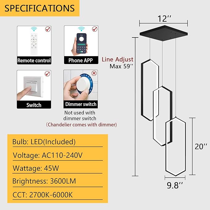 3-Rings Dimmable Pendant Lighting Adjust LED Chandelier Ceiling Light Fixtures for Kitchen Island Dining Room Living Room Bedroom Black