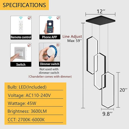 3-Rings Dimmable Pendant Lighting Adjust LED Chandelier Ceiling Light Fixtures for Kitchen Island Dining Room Living Room Bedroom Black