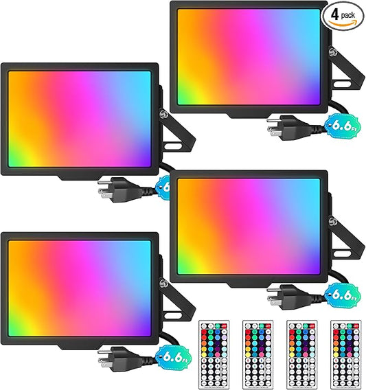 TigQiang 50W RGB Flood Light with Remote & 6.6Ft Cable, Halloween RGB Floodlight, IP66 Waterproof Color Changing Christmas Light, 5000K White LED Floodlight, Outdoor, Uplights for Events, 4 Pack