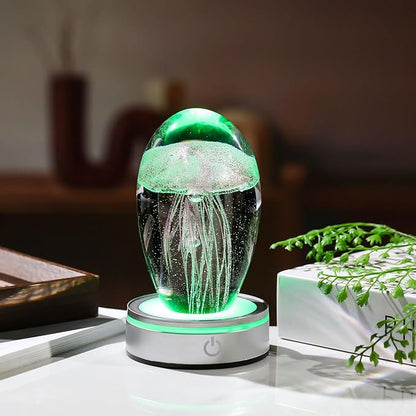 Handmade Jellyfish Lamp – Crystal Glass Figurine Colorful LED Night Light, Ocean-Themed Desk Decor, Aquarium & Beach Room Decor – Gifts for Women Nature Lovers (Pink)