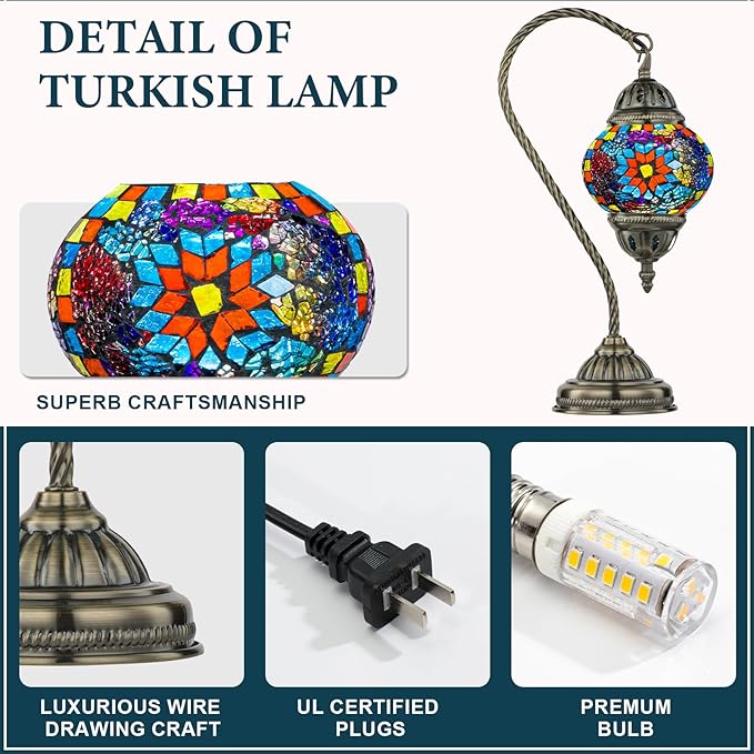 Marrakech Tiffany Style Stained Glass Table Lamp, Handmade Turkish Moroccan Mosaic Glass Lamp with Swan Neck Bronze Base, LED Bulb Included, Vintage Beside Lamp for Bedroom Decoration (Colorful1)