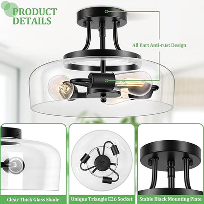 Modern Industrial Semi Flush Mount Ceiling Light with Clear Glass Shade, 3-Bulb Black Ceiling Light Fixture for Kitchen Bedroom Living Room Porch Hallway Entryway, E26 Socket, Bulbs Not Included