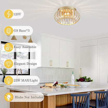 3-Light Modern Crystal Chandelier Gold Flush Mount Ceiling Light Fixtures for Hallway Foyer Bedroom Kitchen Dining Room Living Room, Metal Indoor ‎Close to Ceiling Lamp
