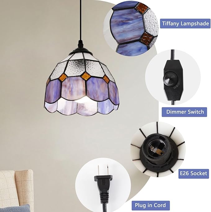 HuisMier Tiffany Style Plug in Pendant Light, 15 Feet Cord Stained Glass Hanging Lamp with Dimmable On Off Switch, Vintage Swag Ceiling Lamp for Dining Room Living Room Bedroom, 7.9" Width