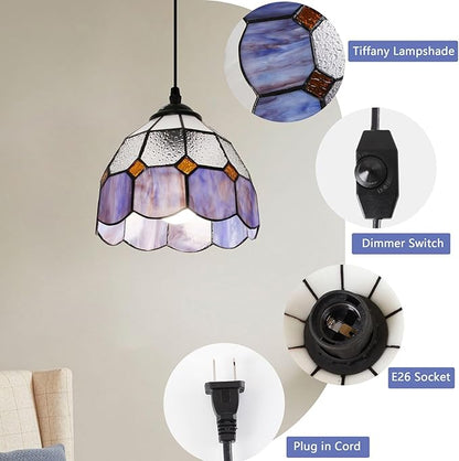 HuisMier Tiffany Style Plug in Pendant Light, 15 Feet Cord Stained Glass Hanging Lamp with Dimmable On Off Switch, Vintage Swag Ceiling Lamp for Dining Room Living Room Bedroom, 7.9" Width