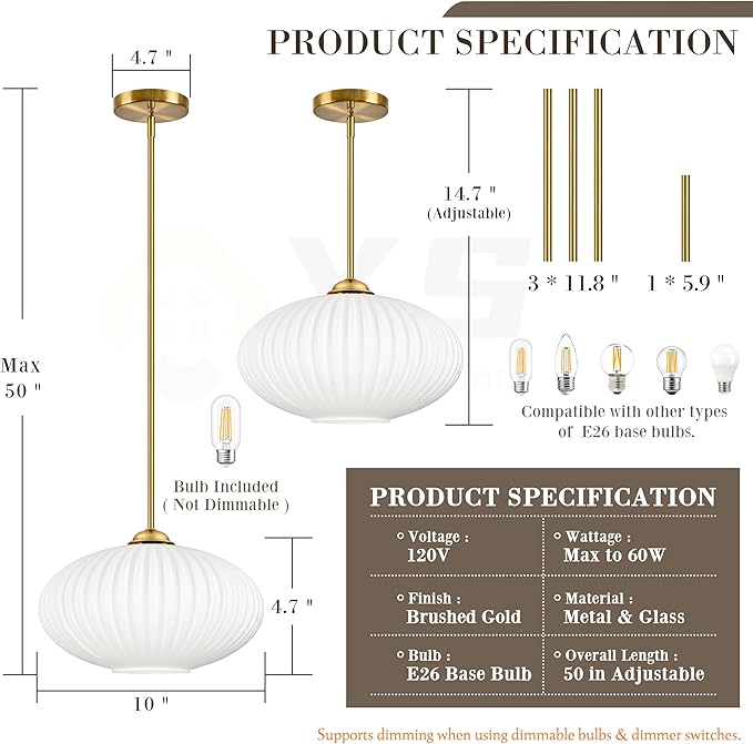 10" Milky White Glass Modern Pendant Light Kitchen Island Brushed Gold Mid Century Modern Pendant Lighting with Frosted Glass Hanging Pendants Light for Bedroom（Bulb Incl.）
