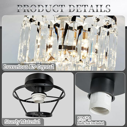 Mini Crystal Chandelier,Black Crystal Chandeliers,2-Tier Semi Flush Mount Chandelier Pendant Lighting Fixture for Living Room Dining Room Corridors Bedroom Hallway E26 Base
