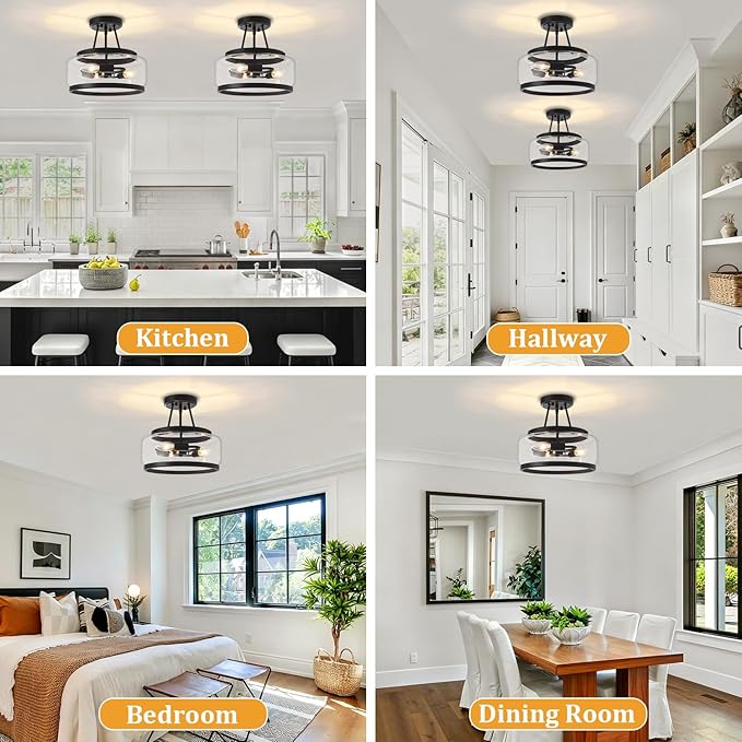 11.81" Black Semi Flush Mount Ceiling Light Fixture Modern Glass Kitchen Lighting Fixtures Ceiling Lights 3-Light Hallway Light Fixtures Drum Entryway Chandelier for Bedroom Foyer Laundry Dining Room