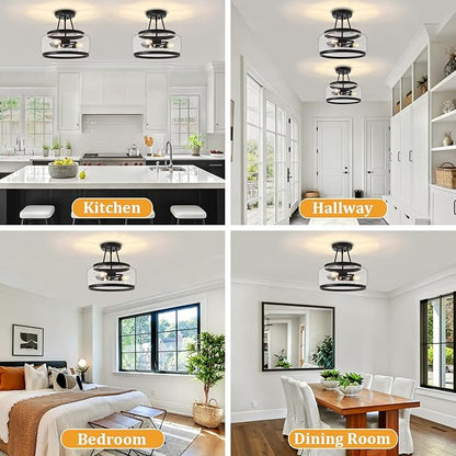 11.81" Black Semi Flush Mount Ceiling Light Fixture Modern Glass Kitchen Lighting Fixtures Ceiling Lights 3-Light Hallway Light Fixtures Drum Entryway Chandelier for Bedroom Foyer Laundry Dining Room