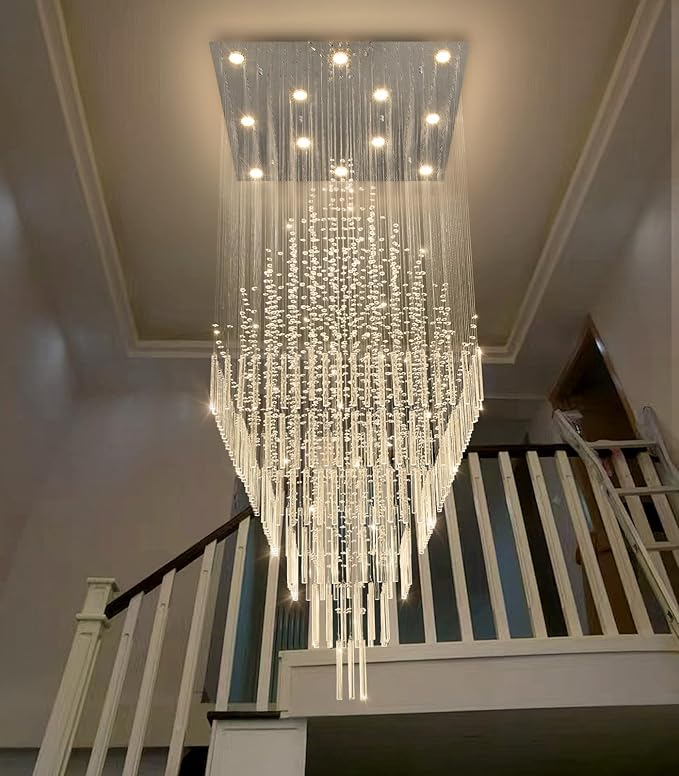 HAIXIANG W32 x H120 Glam Chandelier with LED Bulbs Square Chandeliers, Crystal Raindrop High Ceiling Pendant Light for Entrance Large Villa Chandelier Foyer Lighting Fixtures Silver