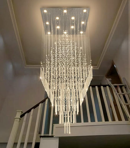HAIXIANG W32 x H120 Glam Chandelier with LED Bulbs Square Chandeliers, Crystal Raindrop High Ceiling Pendant Light for Entrance Large Villa Chandelier Foyer Lighting Fixtures Silver