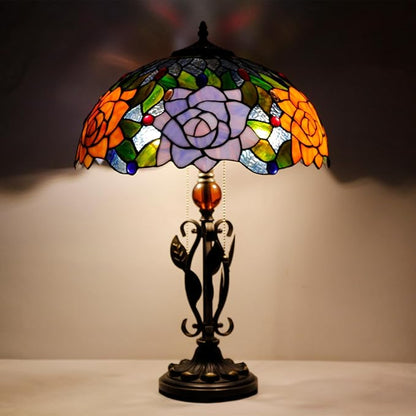 Tiffany Table Lamp Yellow Red Rose Flower Stained Glass Desk Reading Light 16X16X24 Inch Metal Leaf Base for Bedroom Living Room Home Office
