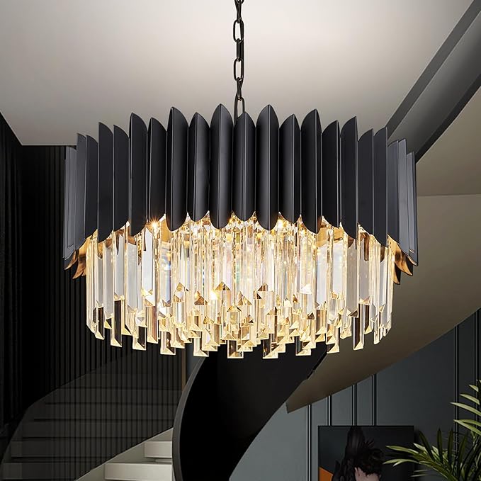 20" Black Crystal Chandelier 4-Tier Round 6 Lights Ceiling Light Fixture K9 Pendant Hanging for Entryway Foyer Dining Room Bedroom Living Room
