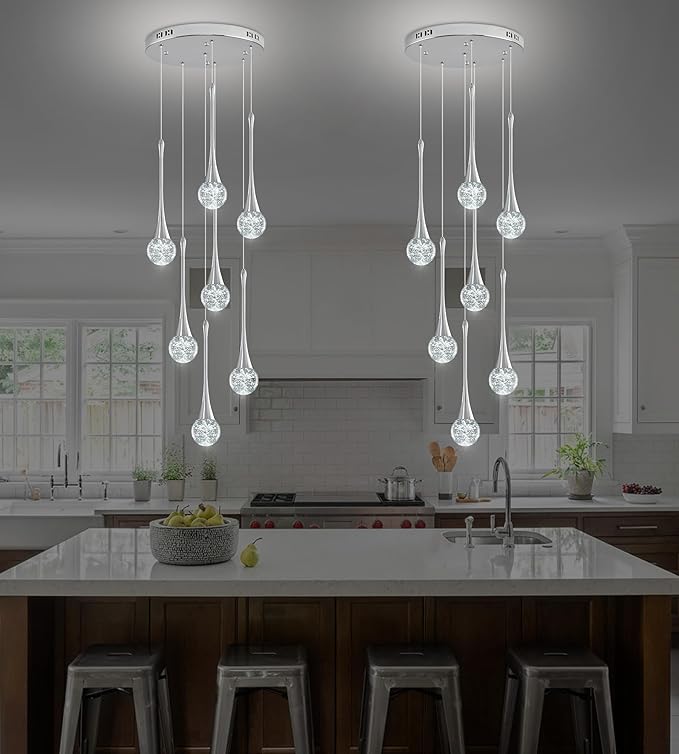 Modern Chrome Crystal Chandelier for Kitchen Island 7-Lights, Luxury Spiral Dimmable LED Bubble Raindrop Pendant Lighting Fixture for Dining Room Foyer Entryway Bedroom
