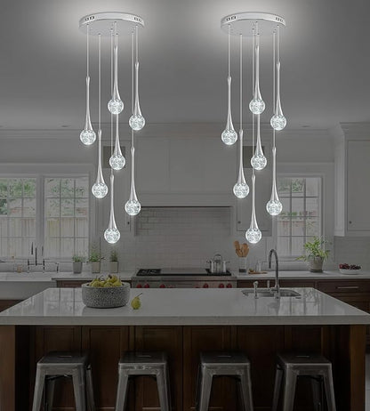 Modern Chrome Crystal Chandelier for Kitchen Island 7-Lights, Luxury Spiral Dimmable LED Bubble Raindrop Pendant Lighting Fixture for Dining Room Foyer Entryway Bedroom