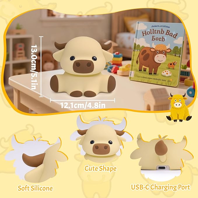 OkiyiD Highland Cow Lamp, Dimmable Silicone Touch Night Light, Soft Glow Bedside Lamp for Bedroom or Desk Decor, Highland Cow Gifts, USB Powered with Gentle Illumination