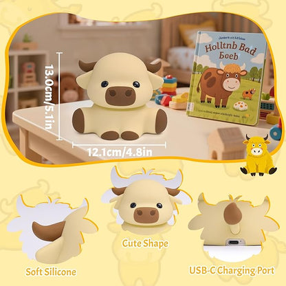 OkiyiD Highland Cow Lamp, Dimmable Silicone Touch Night Light, Soft Glow Bedside Lamp for Bedroom or Desk Decor, Highland Cow Gifts, USB Powered with Gentle Illumination