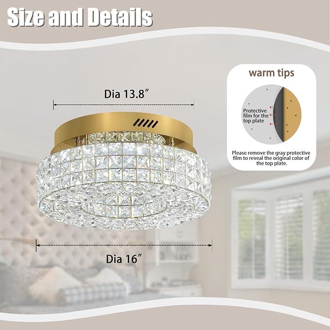 ykolupty 16" Crystal Chandeliers,Round Chandelier for Living Room Modern Crystal Ceiling Light Fixture for Foyer Bedrooms Dining Room Hallway Gold