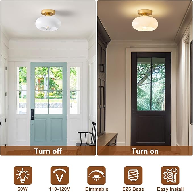 WOKNOS Mid-Century Modern Gold Semi Flush Mount Ceiling Light, Kitchen Ceiling Light Fixture with Glass Shade, Mini White Close to Ceiling Lamp for Entryway Hallway Bathroom (8.66 Inch)