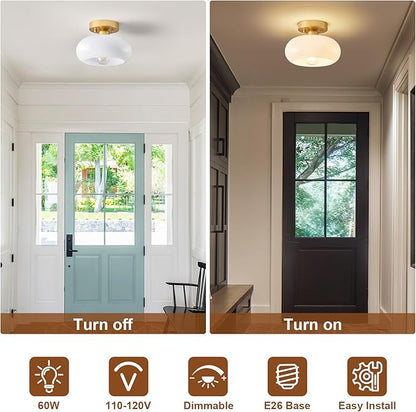 WOKNOS Mid-Century Modern Gold Semi Flush Mount Ceiling Light, Kitchen Ceiling Light Fixture with Glass Shade, Mini White Close to Ceiling Lamp for Entryway Hallway Bathroom (8.66 Inch)