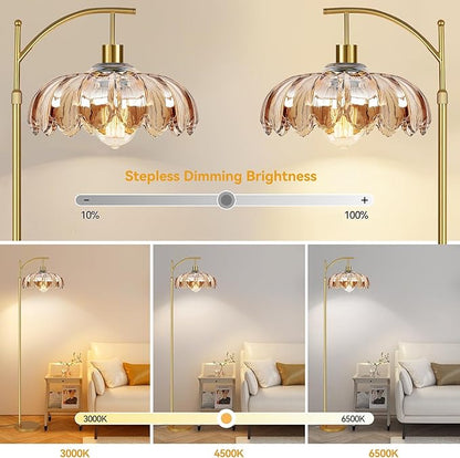AHDWDW Gold Arc Floor Lamp for Living Room with Remote,Dimmable Modern Floor Lamps with Amber Glass Shade,Unique Vintage Flower Standing Tall Lamp,Mid Century Floor Lamps for Bedroom Office Corner